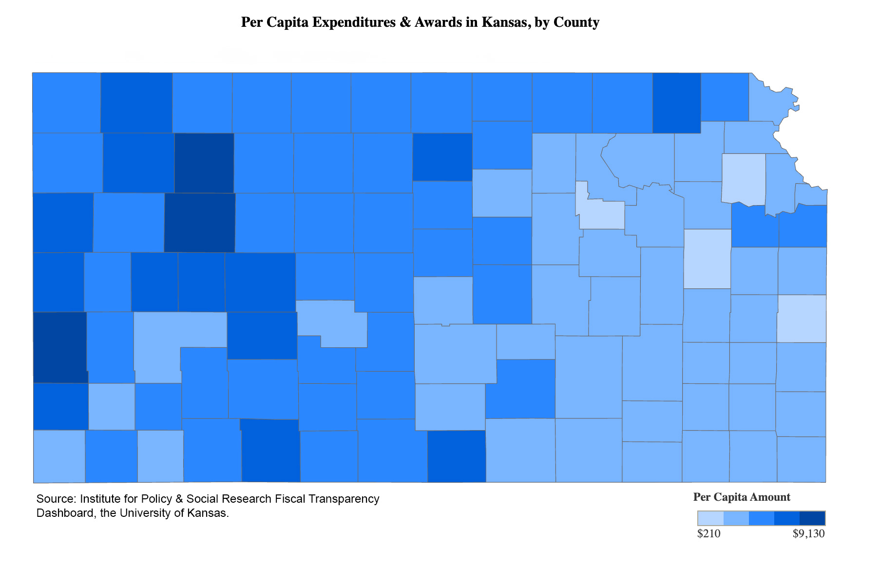 A fiscal transparency data dashboard choropleth map shows per capita expenditures and awards in Kansas by county. The top counties per capita amount are Sheridan, Gove and Hamilton counties in western Kansas. 