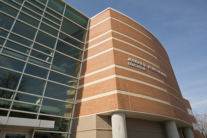 "A view looking up at the Joseph R. Pearson Hall at the University of Kansas"