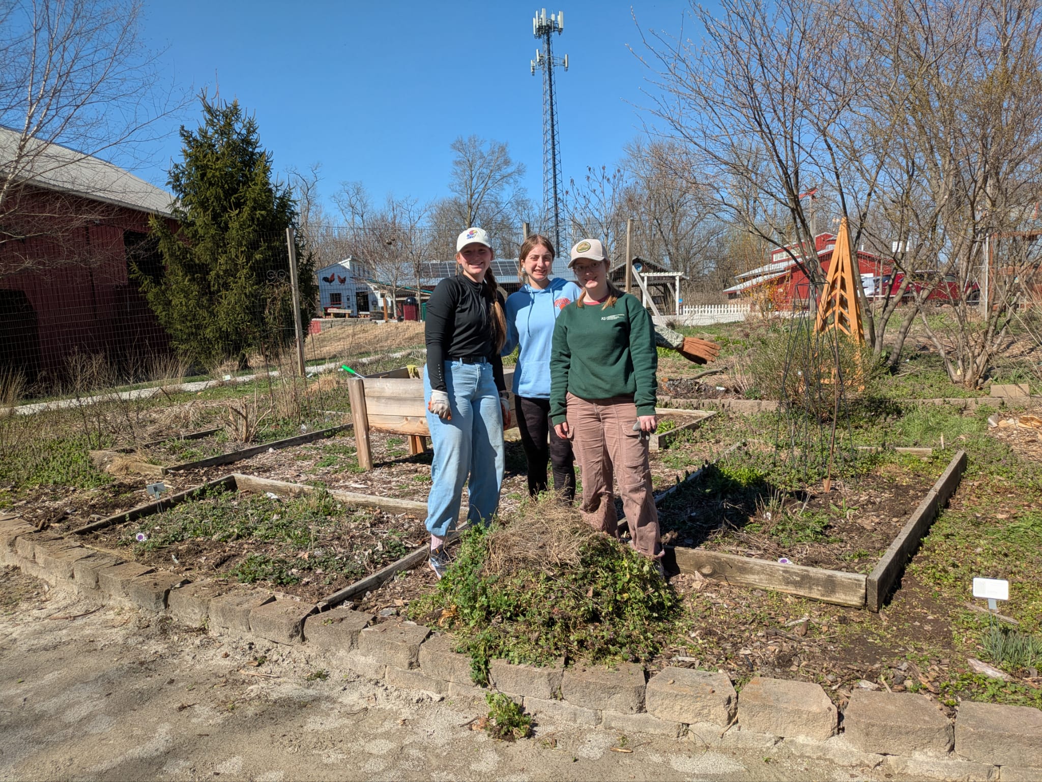 Trio of KU students stand outside a raised garden bed in progress.