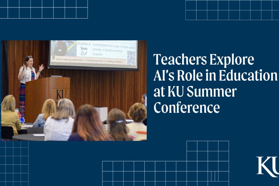 Social Card: Text -- Teachers explore AI’s role in education at KU summer conference. Image -- Maggie Mosher, assistant research professor with the Achievement & Assessment Institute, speaks to a crowd of teachers as this year's Strategies for Educational Improvement Summer Conference.