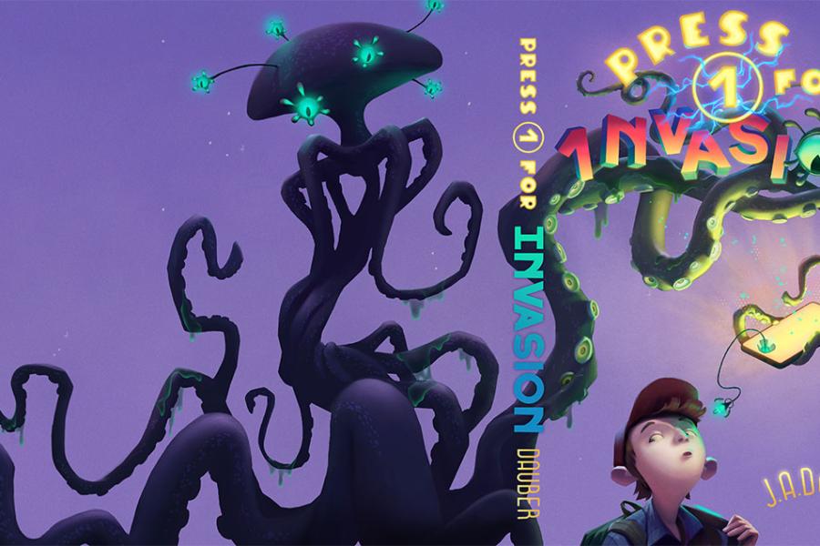 Illustration of boy gazing up at cell phone held over his head by tentacled creature