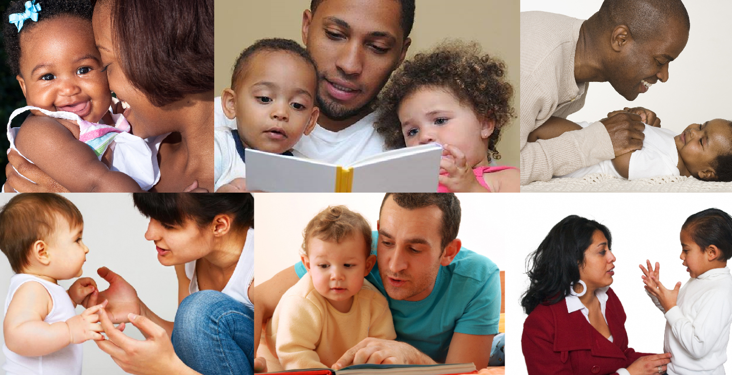 Collage of images with multi-racial parents and their infants.