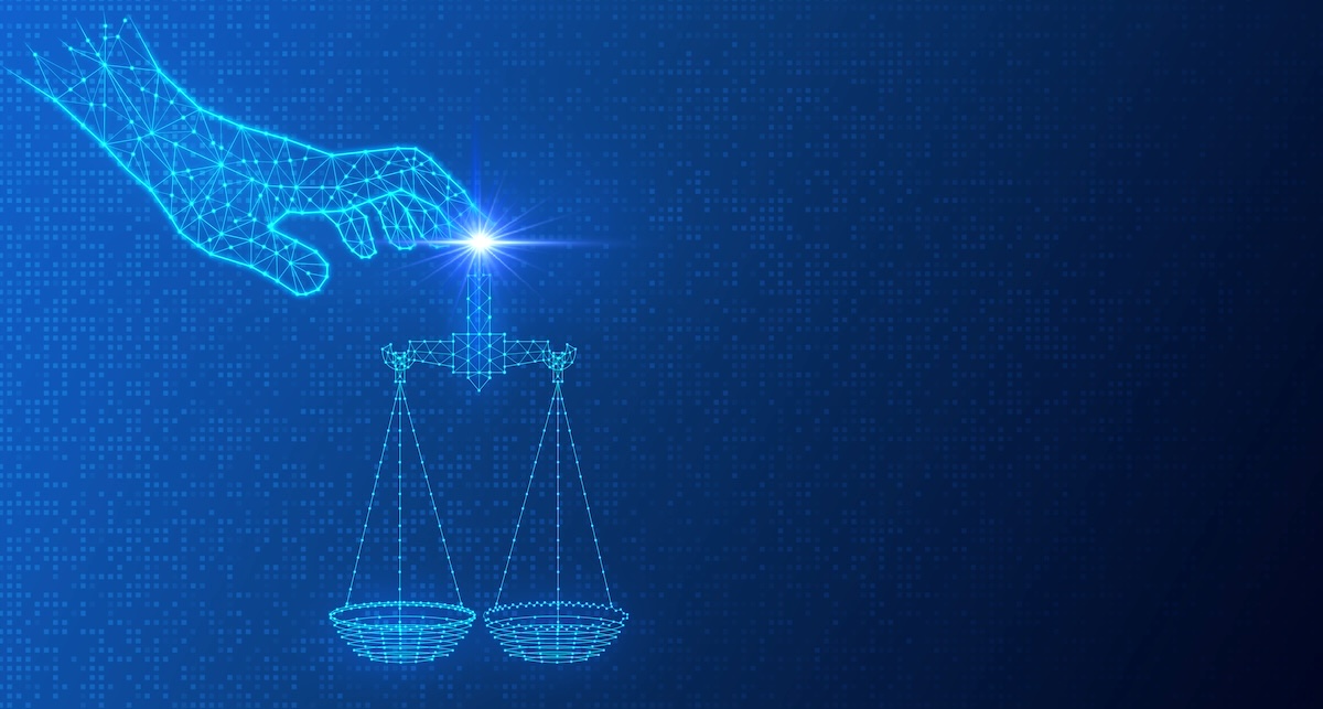 An ethereal computerized hand touches two scales that represent justice and morality.
