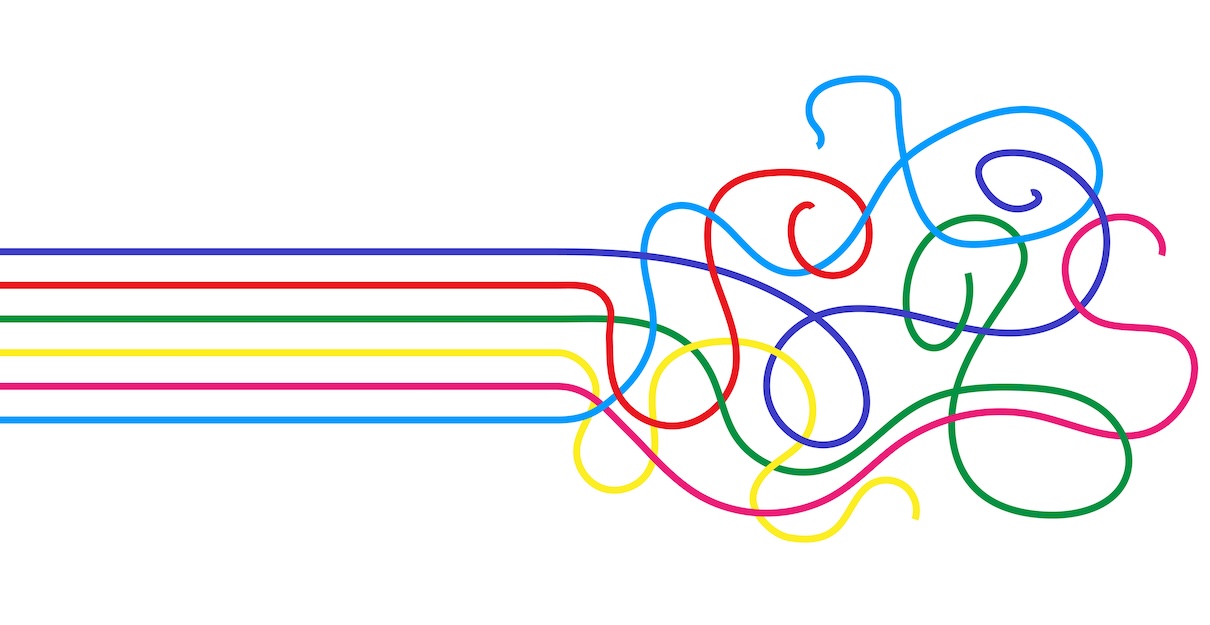 Colorful straight lines transform into a shapeless mess, representing order into chaos.