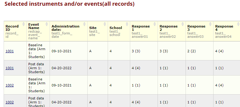 Screenshot of the updated Selected instruments report showing the Site and School values from the Enrollment event in line with the instrument data in the Baseline and Post data events.