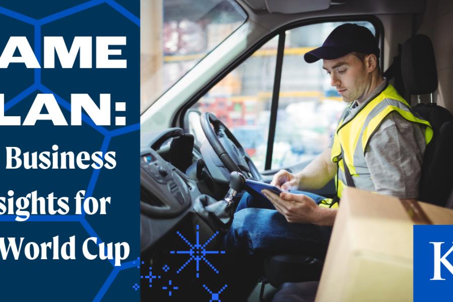 Graphic showing a stock photo of a delivery driver checking a device while parked in his vehicle with a box in the passenger seat and the text "Game Plan: KU Business insights for the World Cup