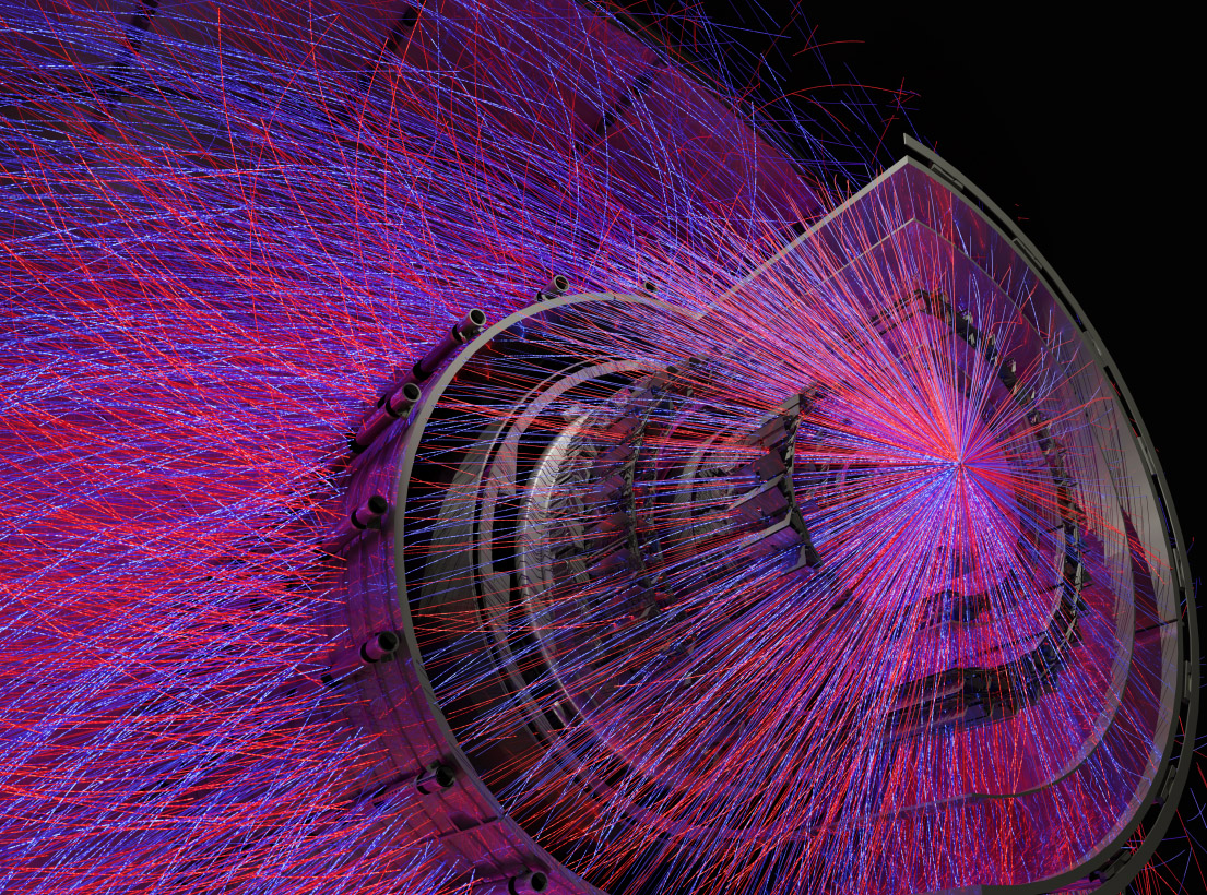 An image of lead-lead collisions at the Large Hadron Collider at 5.02TeV per nucleon pair in the center of mass, recorded by the ALICE detector in Run2 in the year 2018.