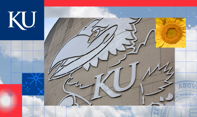 KU Jayhawk logo with yellow sunflower, official KU seal, on a background of clouds, a grid, and a starburst.