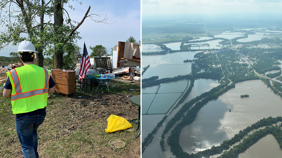 The split image shows the destruction from the tornado in Linwood and flooding of the Fall and Verdigris rivers near Neodesha, both in 2019. Credit: Elaina Sutley and Mike D’Attilio of the Kansas Division of Emergency Management.