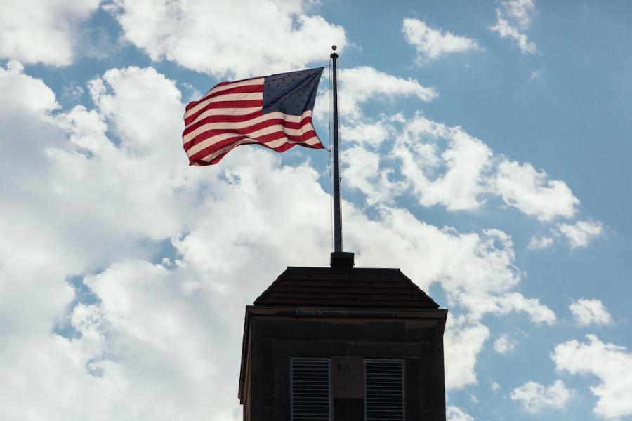 U.S. flag flying atop Fraser Hall