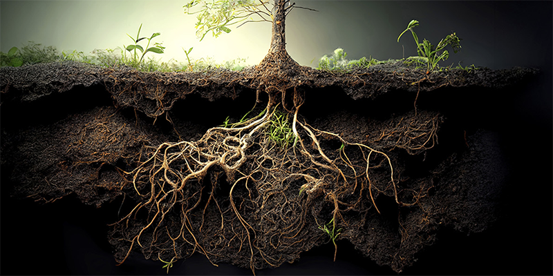 Artistic cutaway of showing soil line, plants and underground roots