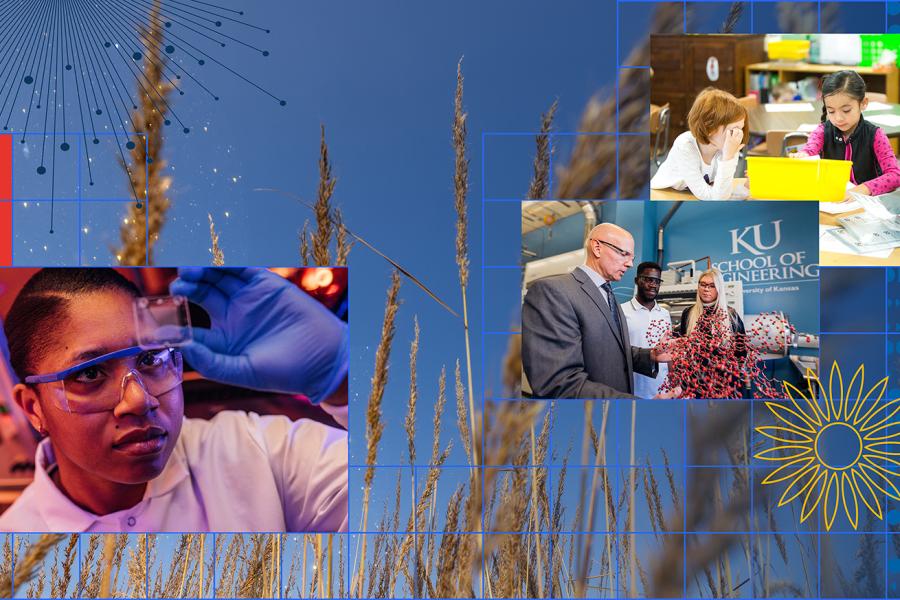 Collage of images showing a researcher in a biomedical sciences laboratory, researchers in an engineering lab space, and K-12 students in a classroom. Kansas prairie grasses create a background for the images.