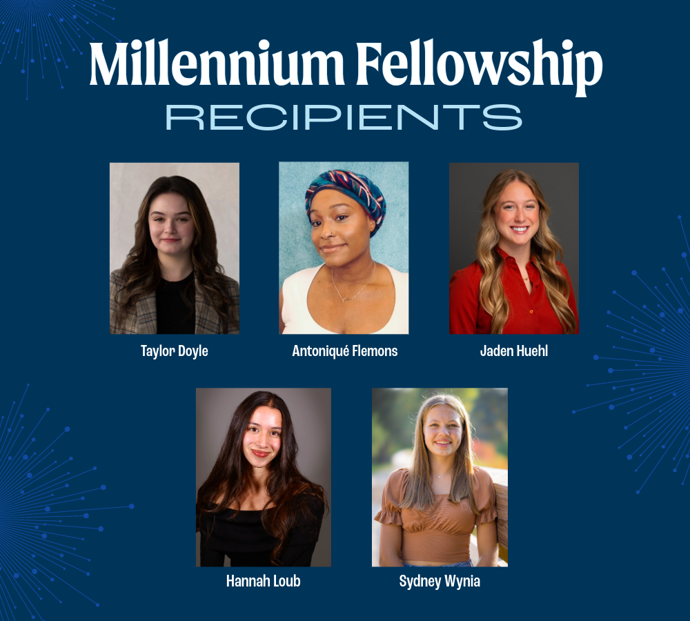Millennium Fellowship graphic with 5 student headshots