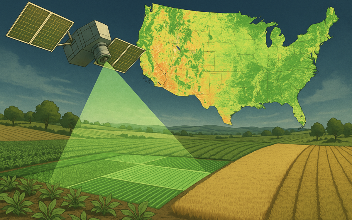 Photo illustration of satellite scanning cropland with map of USA inset