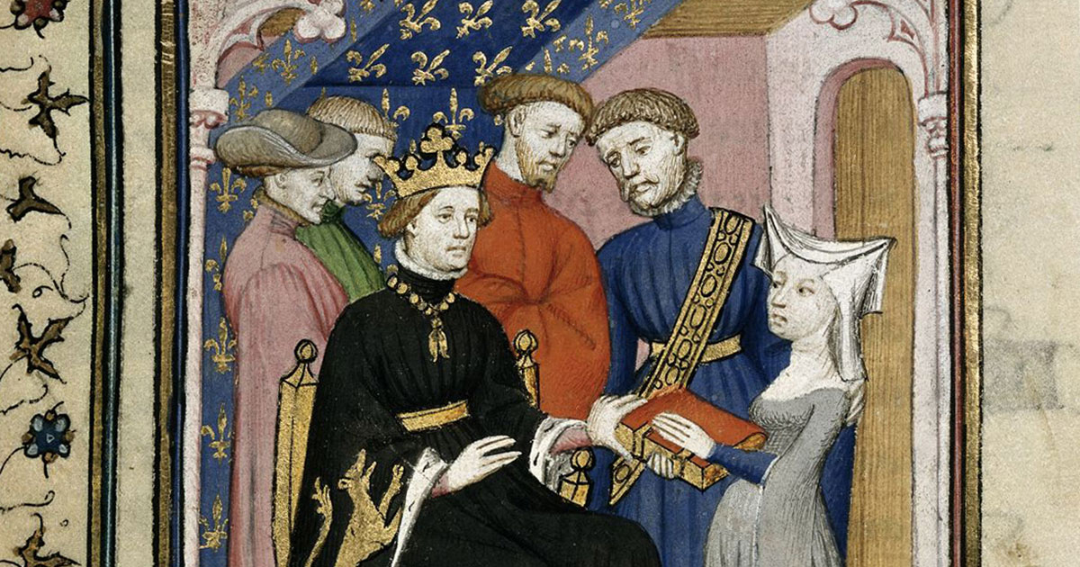 Image: Detail of a miniature of Christine de Pizan presenting her book to Charles VI, seated on the left, with courtiers, at the beginning of "Le Livre du chemin de long estude." Attributed to the Master of the Cité des Dames and workshop. Credit: The British Library, Harley 4431 f. 178