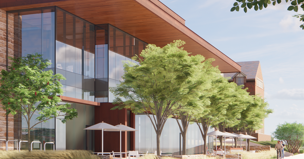 An early conceptual rendering of KU's new entrepreneurship hub, viewed from the west at the intersection of Naismith Drive and Crescent Road.