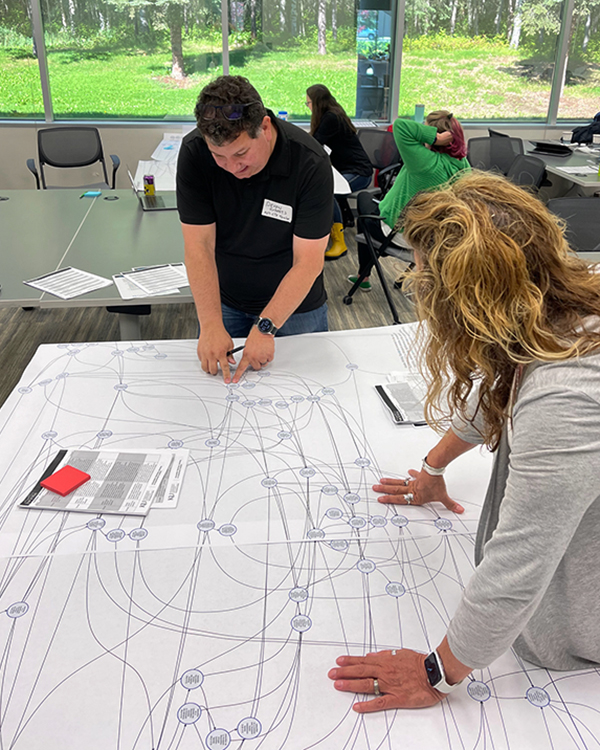 Two teachers in Alaska look over a large learning map, draped over a conference-size table.