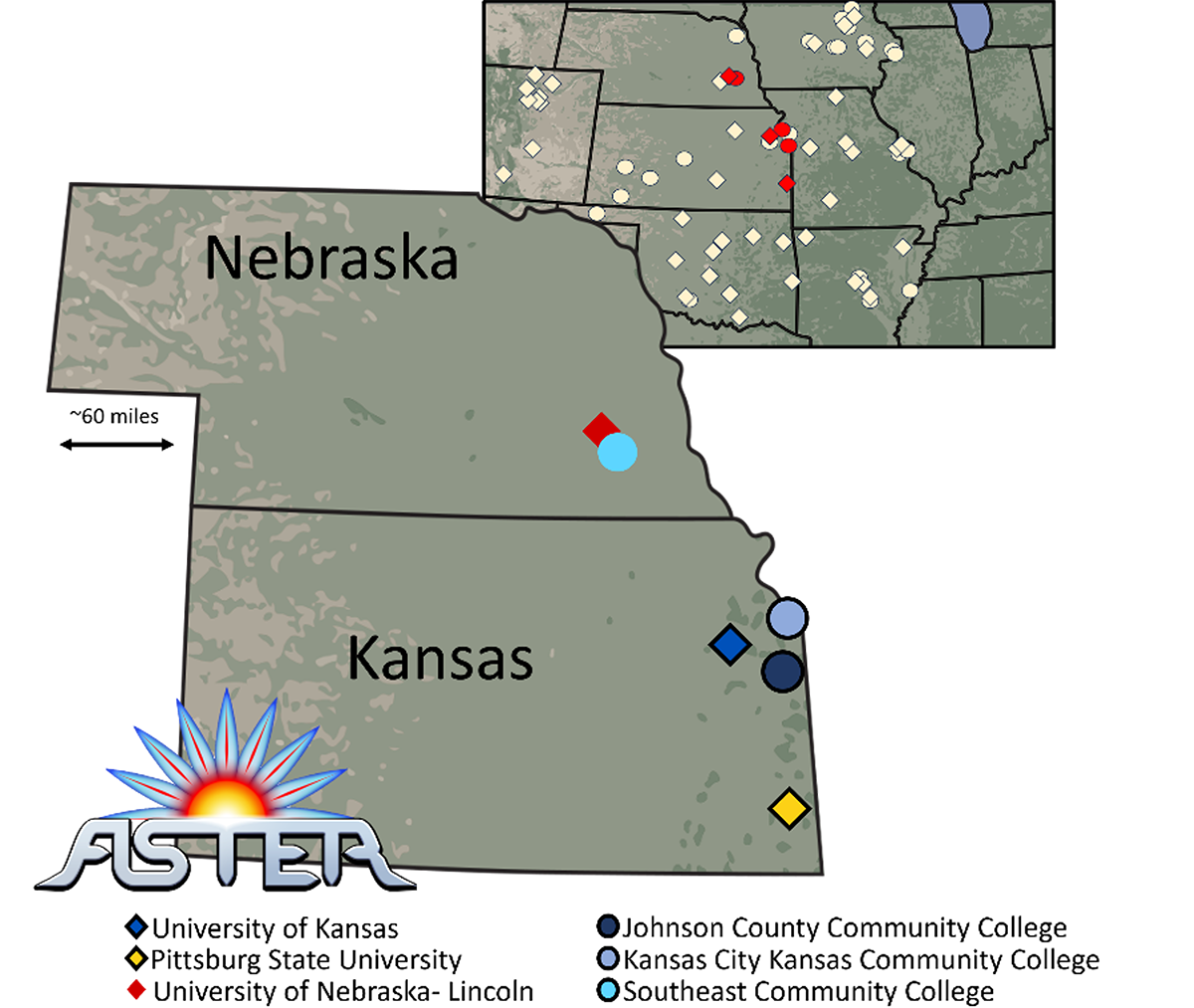 Maps of Nebraska and Kansas. KU and other Kansas and Nebraska schools that are part of the new Aligning STEM Trainees for Enterprising Research (ASTER) program are surrounded by fellow Louis Stokes Alliance for Minority Participation (LSAMP) alliances and institutions, which will allow the development of an even wider network of support for students in the region.