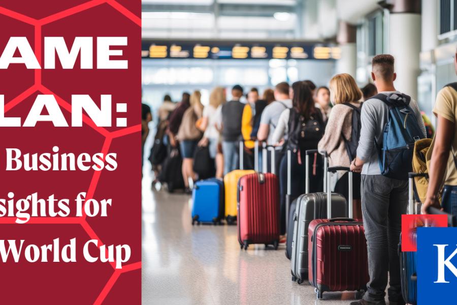 Graphic showing text on the left: "Game Plan: KU Business insights for the World Cup" next to a photo of travelers waiting in a long line at an airport