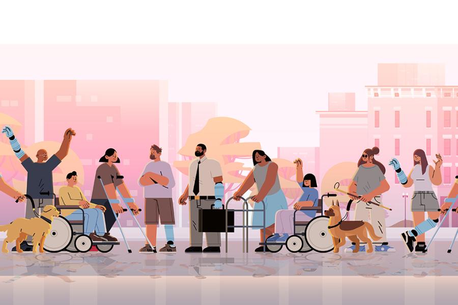 An illustration of people with various kinds of disabilities stand together in a crowd.