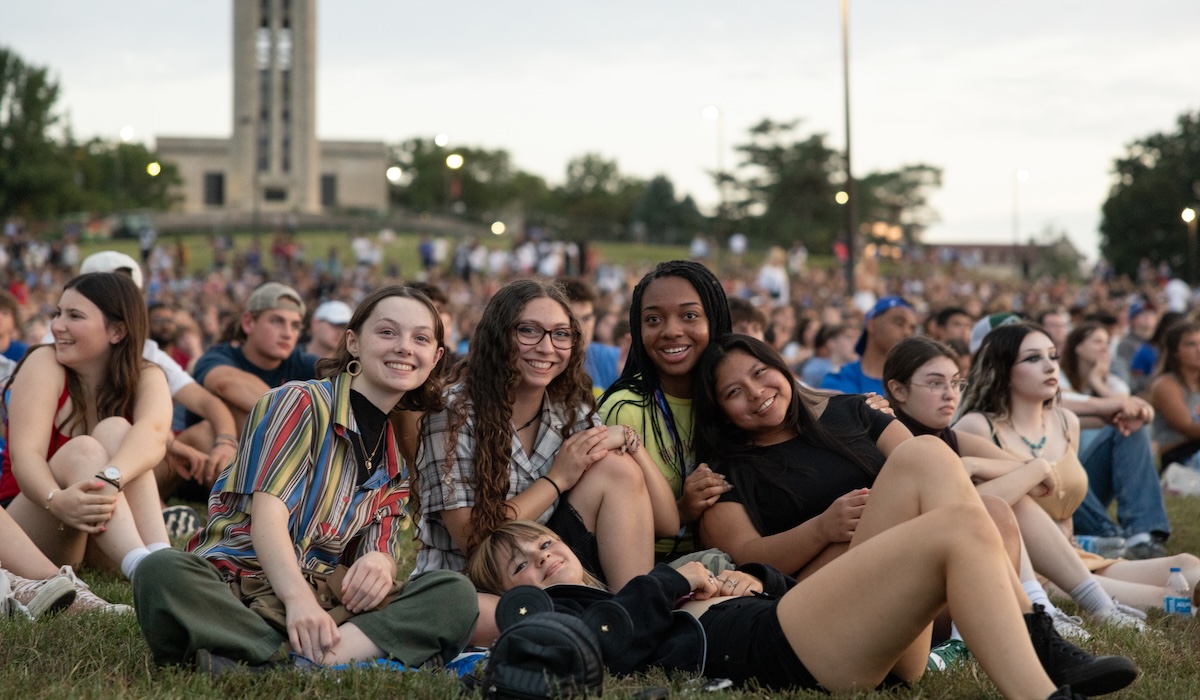 Students gathered in a crowd on the Hill for Traditions Night in August 2024.