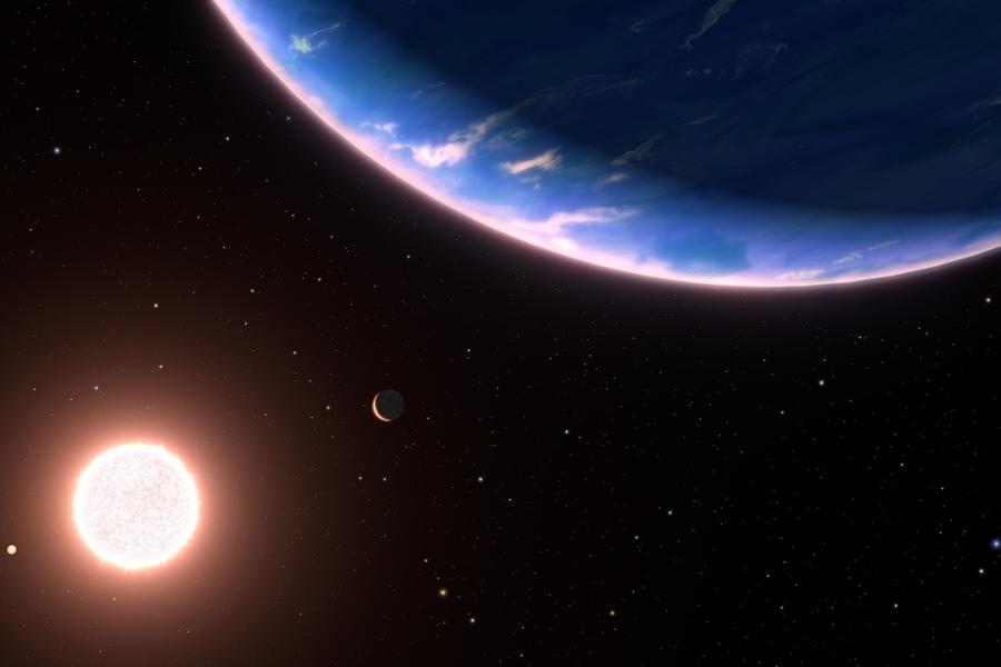 Glowing silhouette of exoplanet set to stars with bright sun nearby.