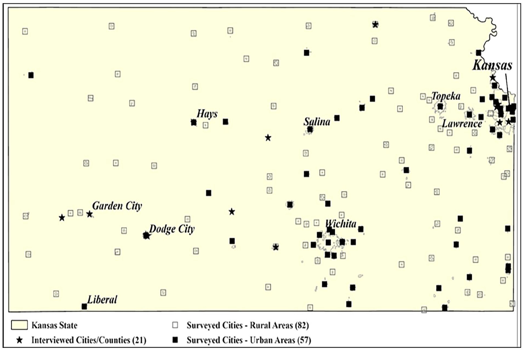 map of kansas with dots peppered showing location of study responders
