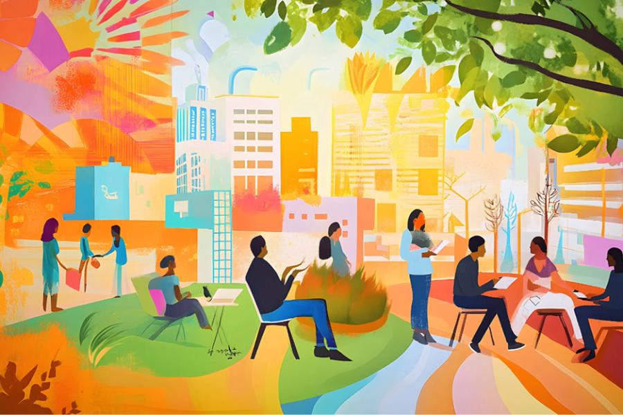 An illustration of people in a community against brightly colored city skyline
