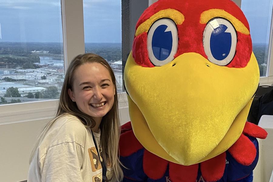 Kelsi Lawson poses with the Big Jay mascot.