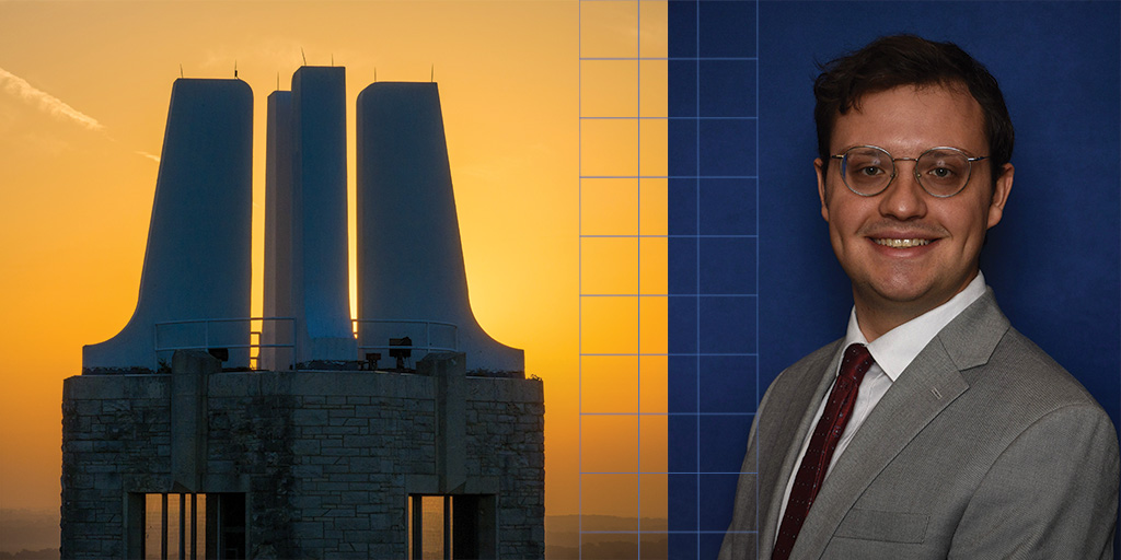 KU Campanile at sunset and KU Law student Chris Cummings in separate images
