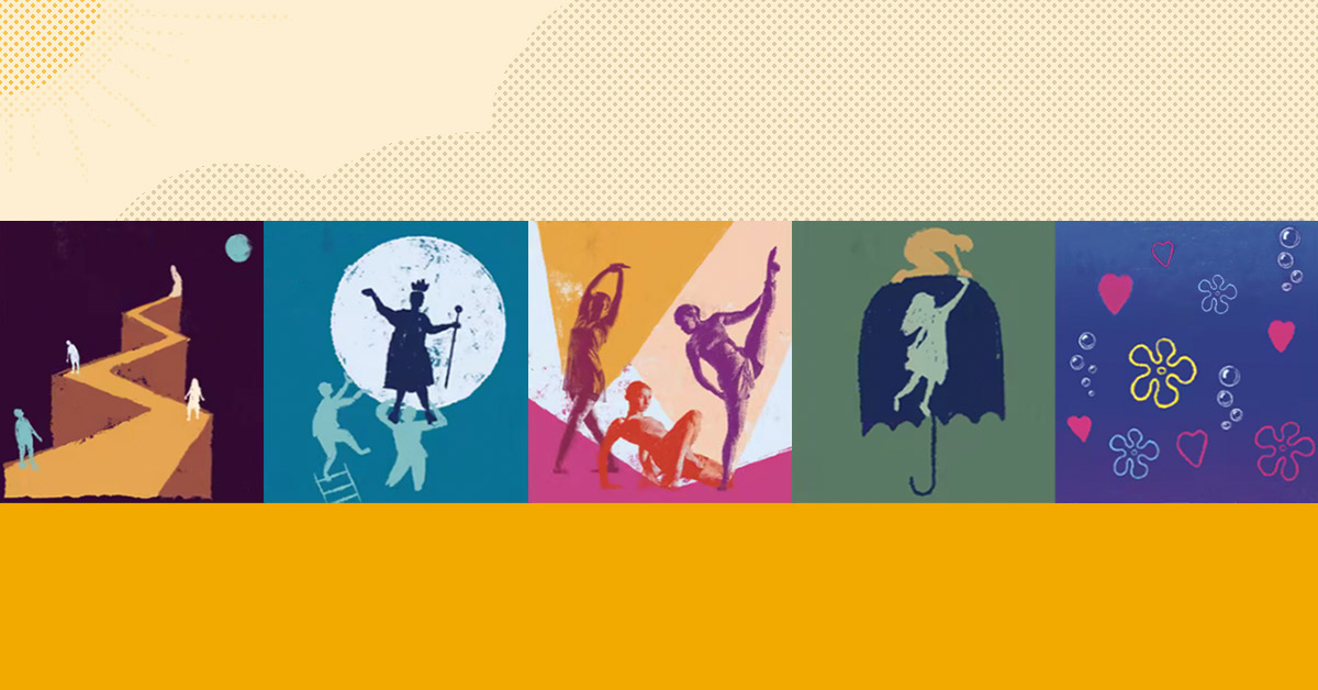 Series of five theatre and dance show poster illustrations in rad colors. Most show figures moving