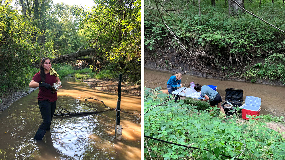 Left: Kynser Wahwahsuck collects data from a Kansas stream sensor as a graduate student in ecology and evolutionary biology at the University of Kansas. Right: Wahwahsuck, right, and a fellow researcher collect and analyze stream samples.