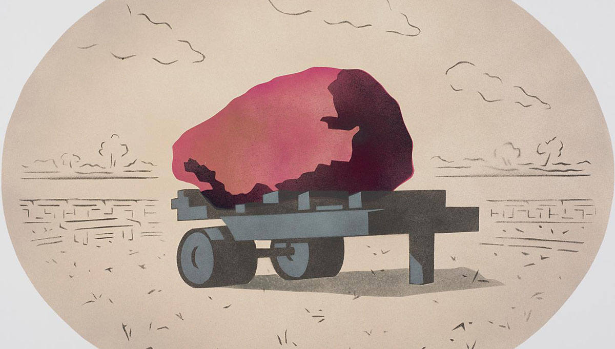 Print depicting red rock sitting atop a wheeled cart.