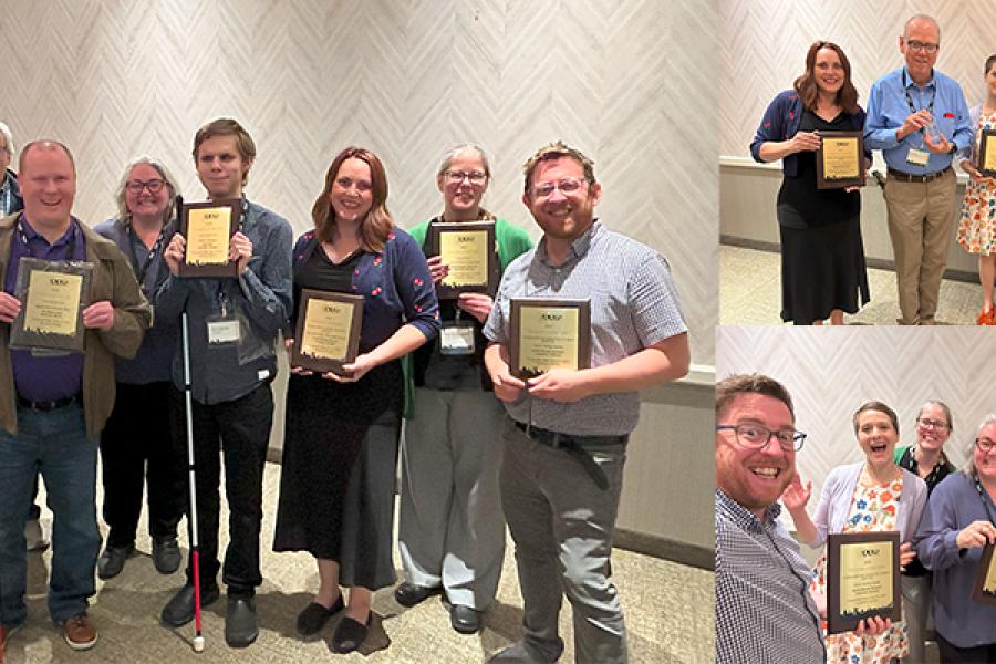 a three image collage; image one features Feloniz Lovat-Winston, Martha Kehr, Beth McKenzie, Trish Dowd Kelne, and Nick Carswell from Audio-Reader posing with award plaques along with Harry Duchense (Audio Journal), Jonathan Milam (MindsEye Radio), and Evan Starnes (Aftersight); image two has Beth McKenzie, Mike Duke, Felly Lovato-Winston, and Bekah Jerde; image three is Audio-Reader staff with advisory board chair Randy Austin.
