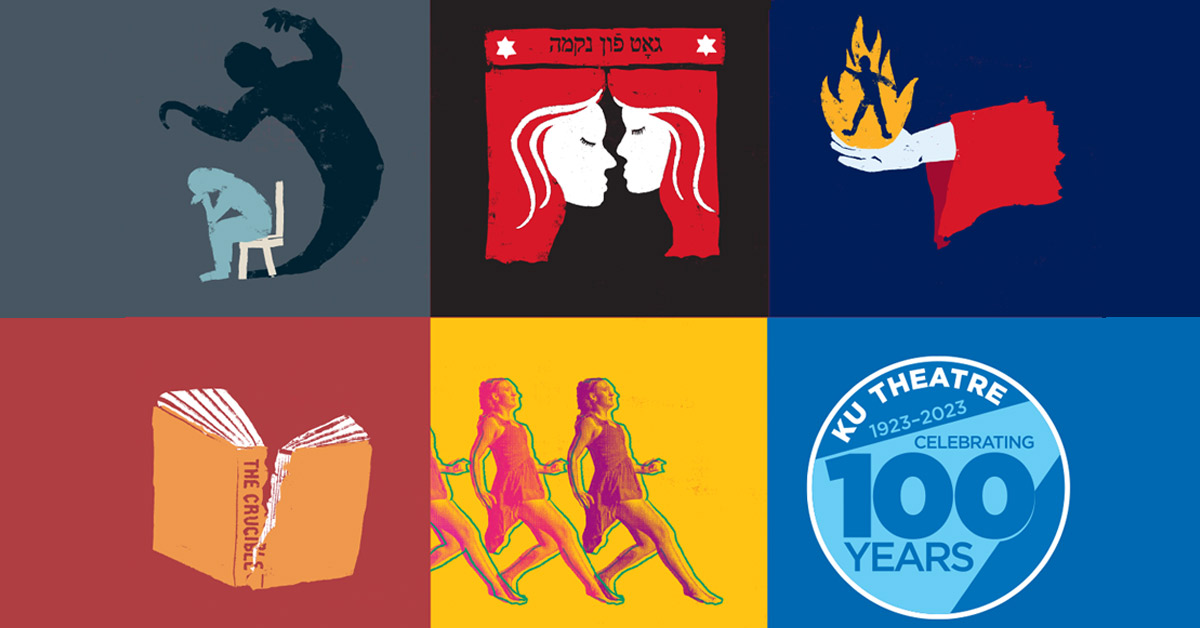 series of illustrations indicating drama, movement, fire, movement, two people kissing, and a book