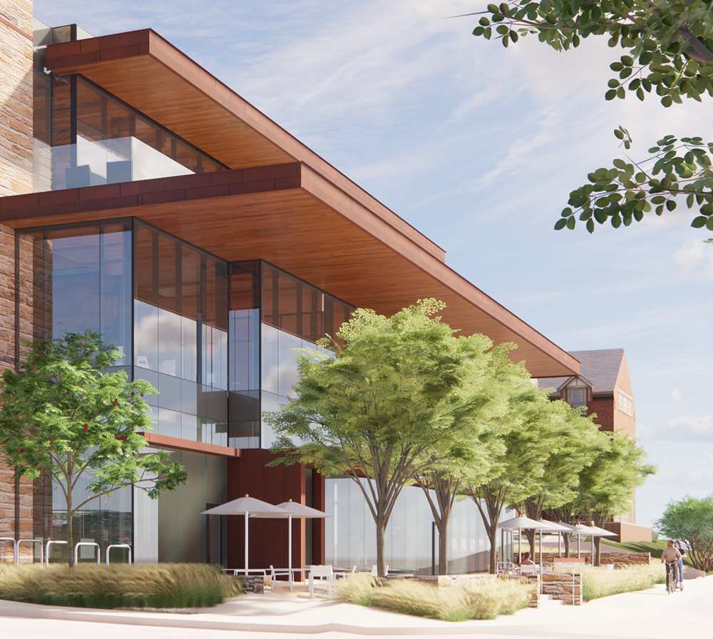 An early conceptual rendering of KU's new entrepreneurship hub, viewed from the west at the intersection of Naismith Drive and Crescent Road.