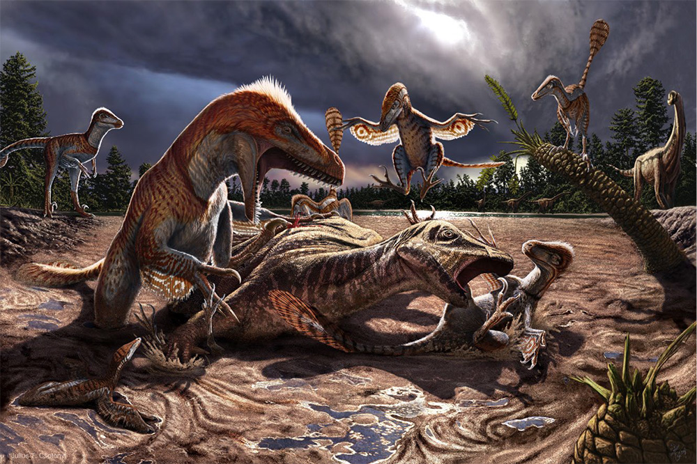Portrayal of Utahraptors and prey trapped in quicksand deposit of the Stikes Quarry bone bed at Utahraptor Ridge. Credit and copyright: Julius Csotonyi, natural history illustrator, used by permission.