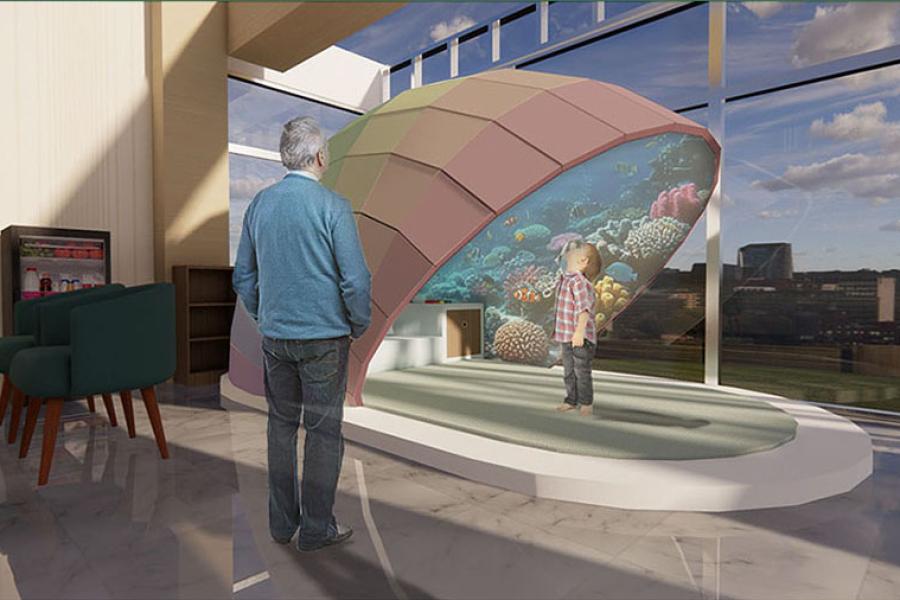 Interior rendering of a brightly-lit room with a child observing a large, curved digital aquarium display while an adult looks on. The room includes a modern chair, bookshelves, and expansive windows overlooking a cityscape.