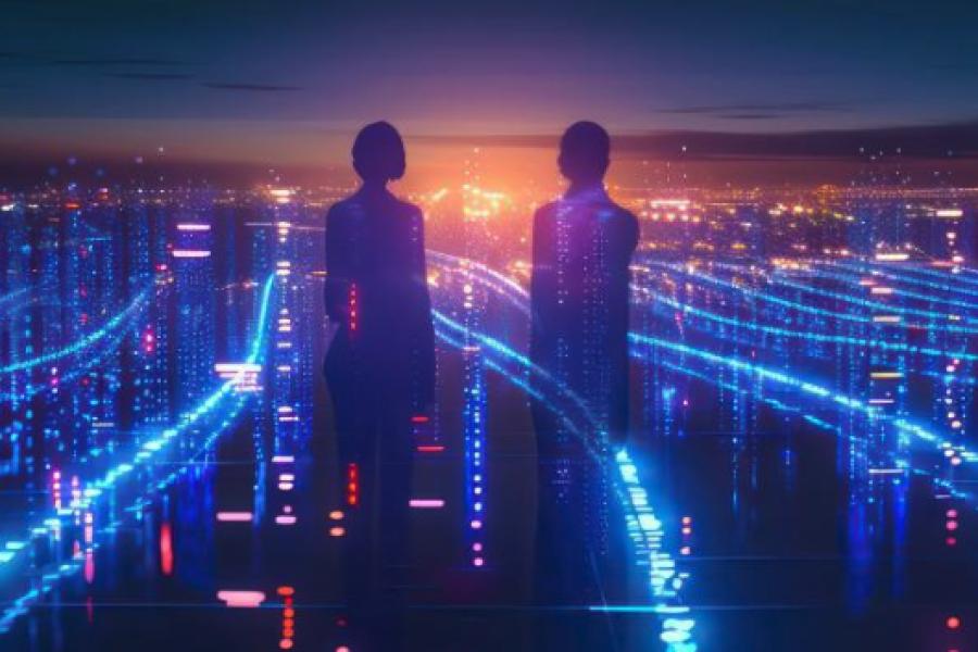 Silhouettes of two figures facing each other in busy nighttime cityscape; illustration.