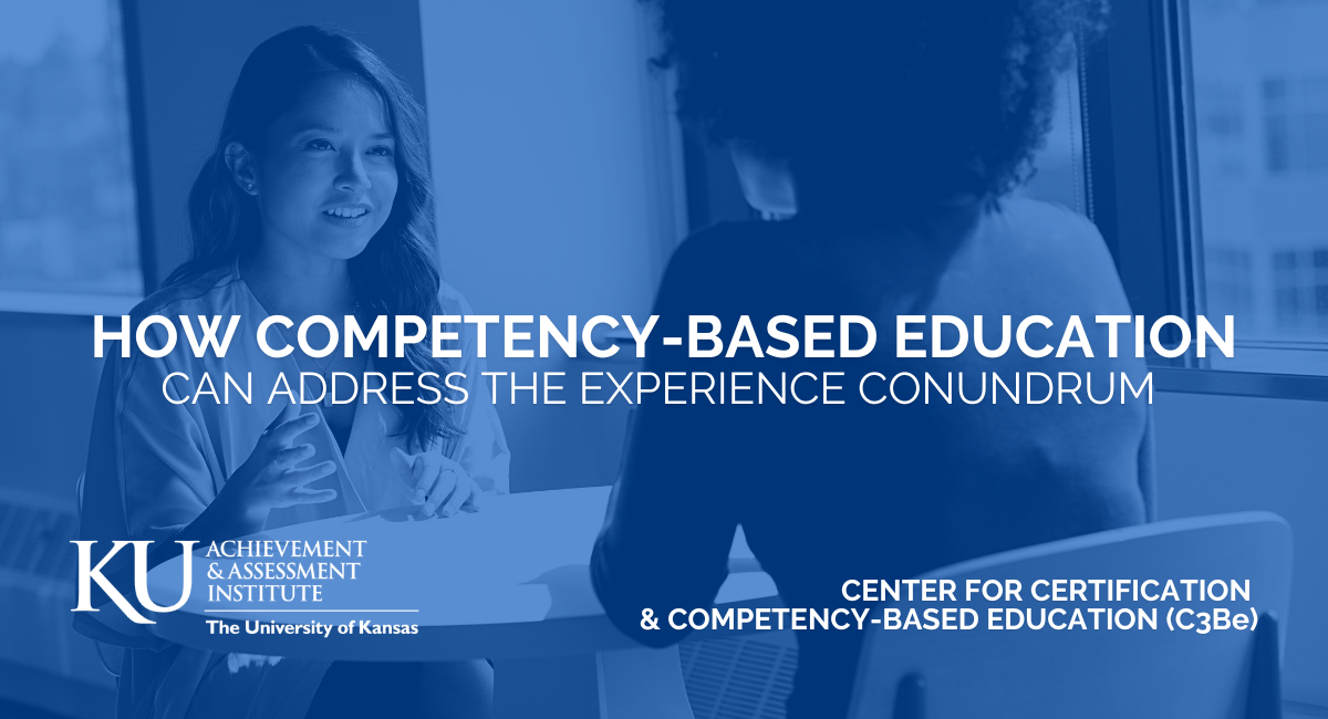 Image Card: How Competency-Based Education Can Address the Experience Conundrum. Two women at a table, a blue masking applied.