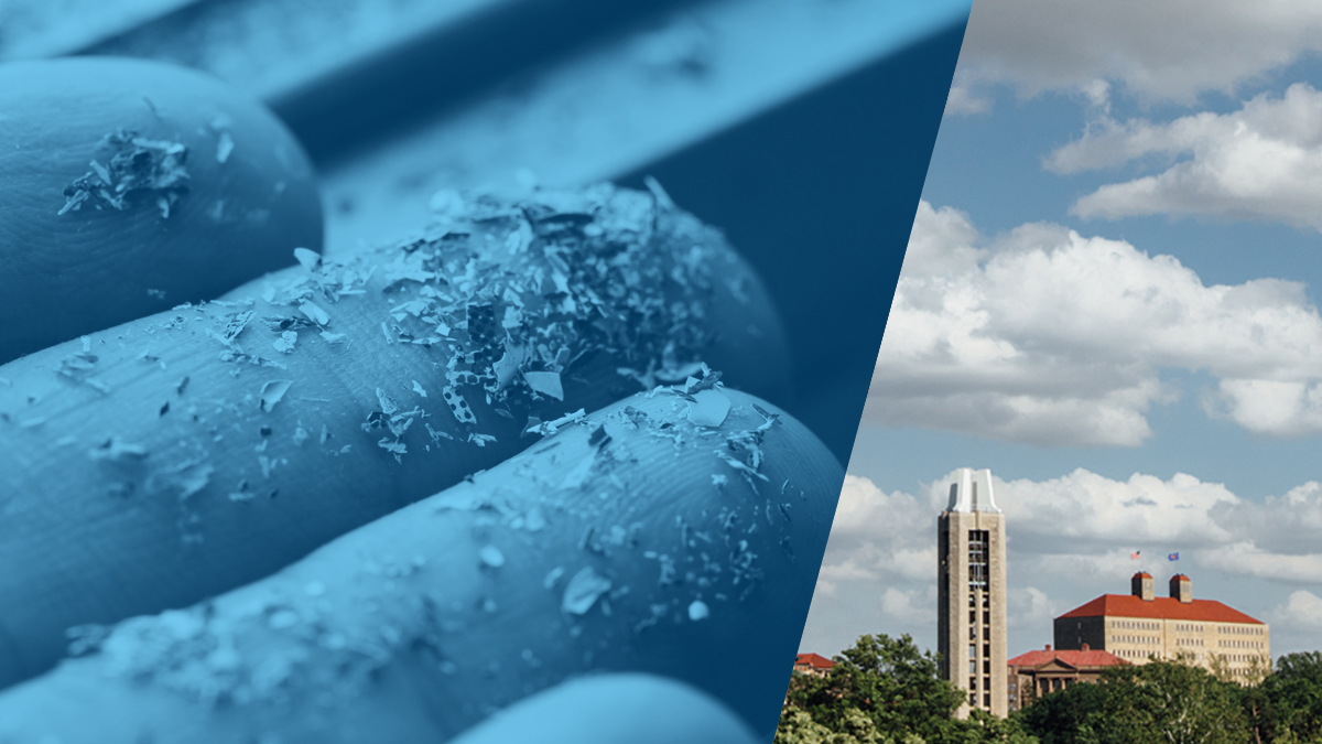 Split image showing a closeup view of microplastics on human fingers at left, next to a skyline view of KU's Lawrence campus.
