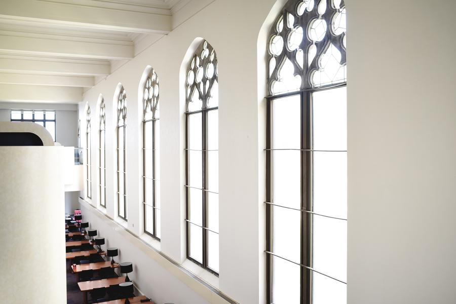 Watson Library's windows from inside the building.