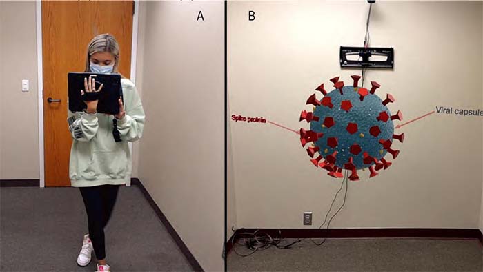 AR study image of individual with laptop on left, VR image of a virus on the right: Credit: Center for Excellence in Health Communications to Underserved Populations