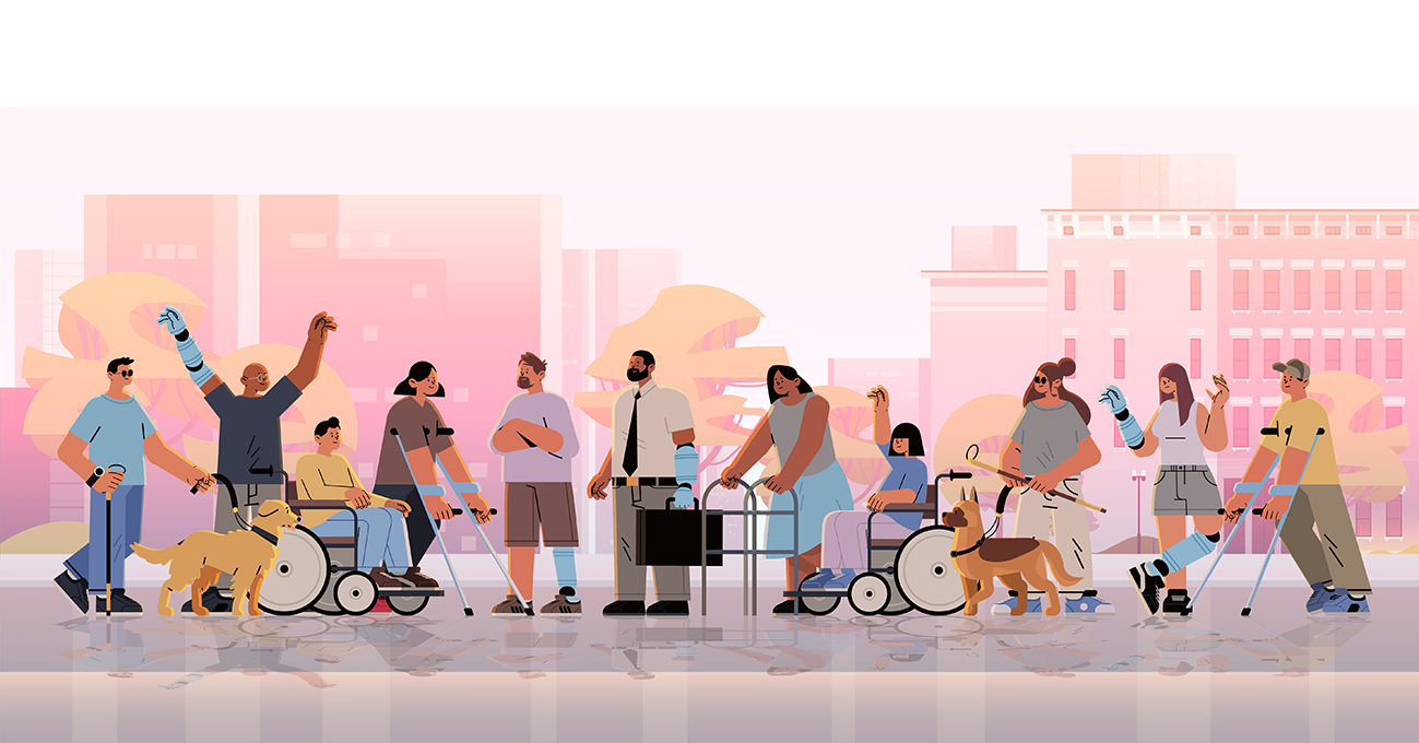 An illustration of people with various kinds of disabilities stand together in a crowd.