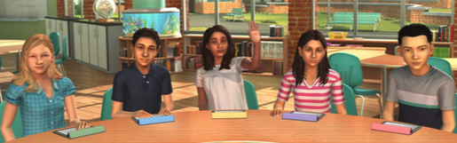 Classroom simulation from study with virtual students seated around desk.