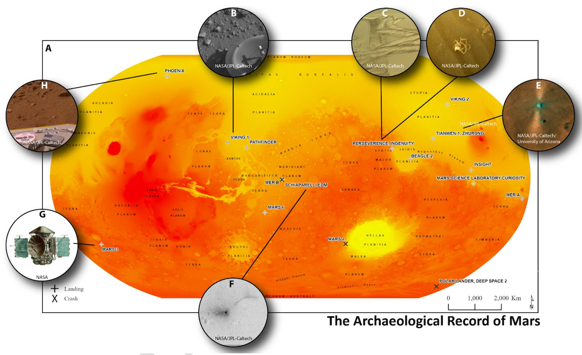 Map of Mars illustrating the fourteen missions to Mars, key sites, and examples of artifacts contributing to the development of the archaeological record