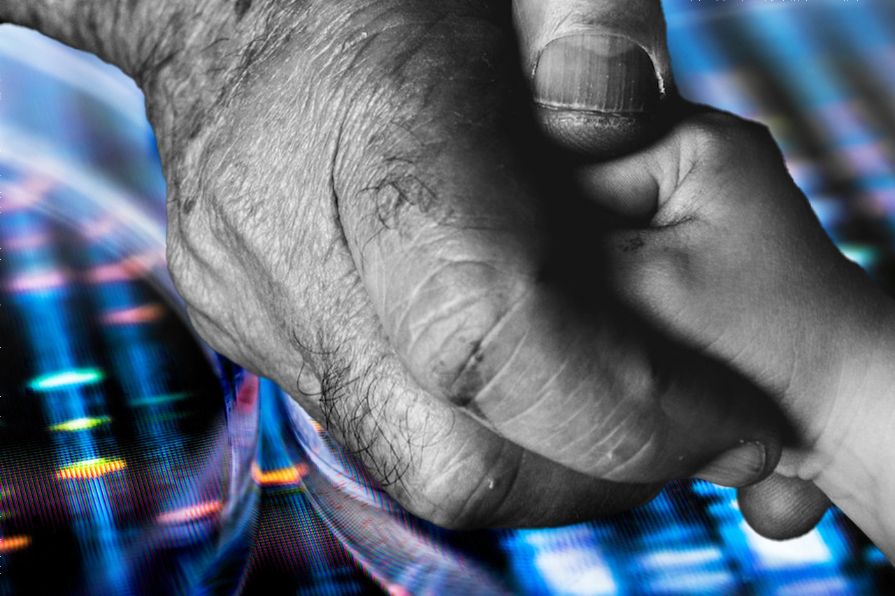 "A black and white image of an older man holding the hand of a child with a colorful background image of DNA sequence"