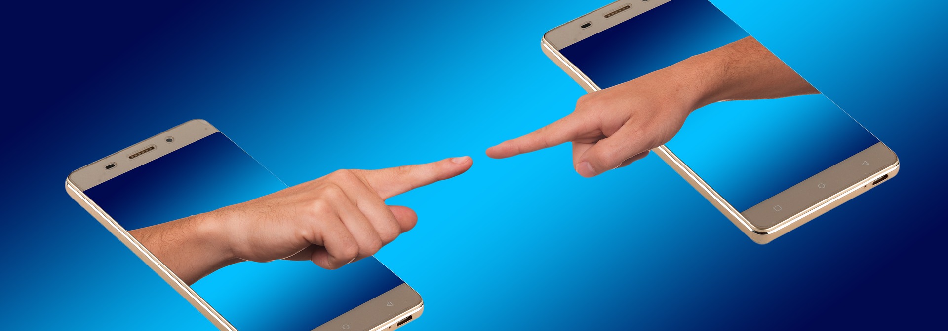 Illustration showing two cellphones with pointed fingers coming out of the screen pointed at each other
