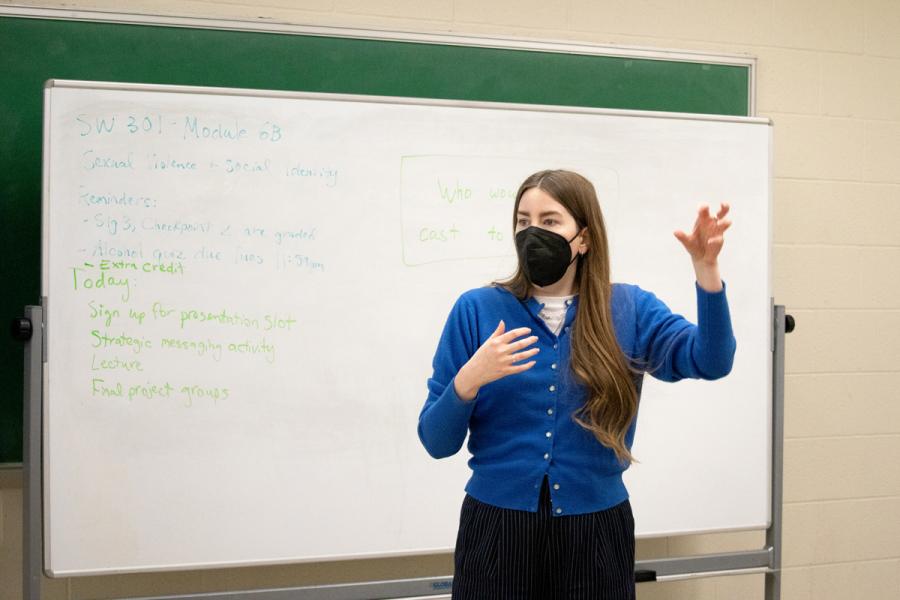 Kelsey Hunter, coordinator of the Prevention is Possible academic seminar, leads a class section in spring 2026. Hunter received a 2025 NASPA Innovative Program Award for the seminar course this fall.