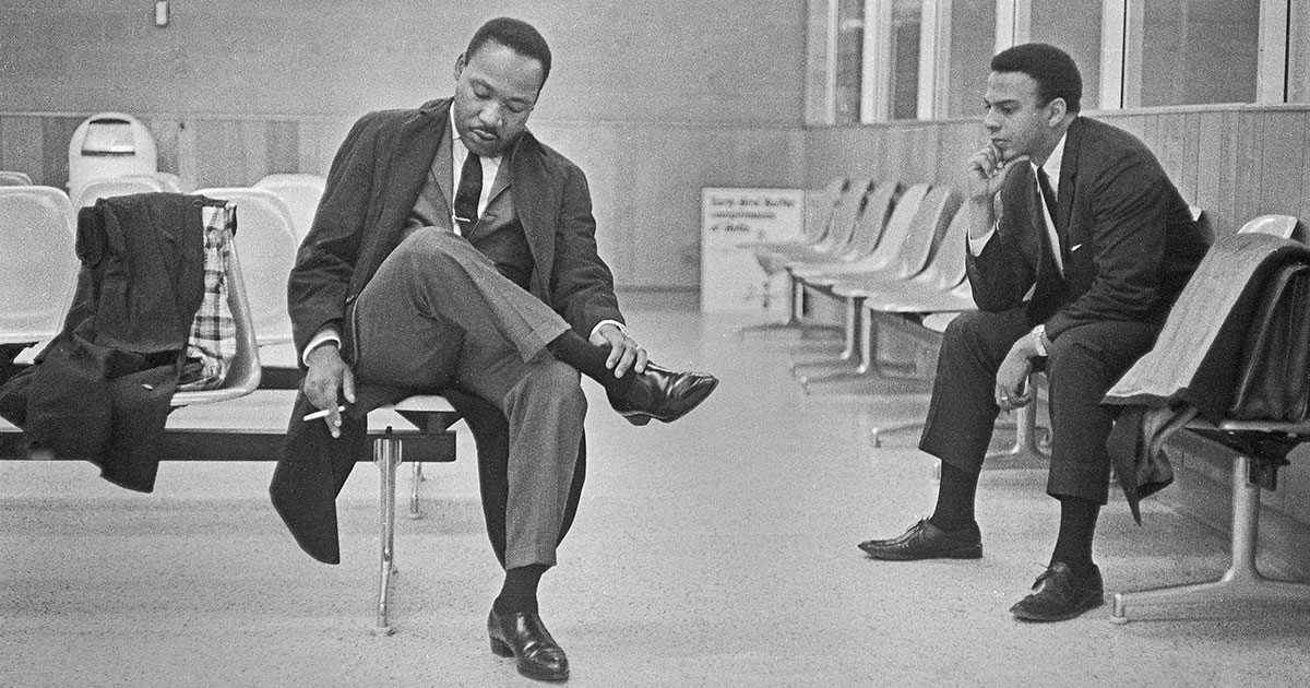 Martin Luther King Jr. (left) and Andrew Young in 1966 at the Montgomery, Ala., airport. Credit: Bob Fitch, Stanford University Libraries, Department of Special Collections.